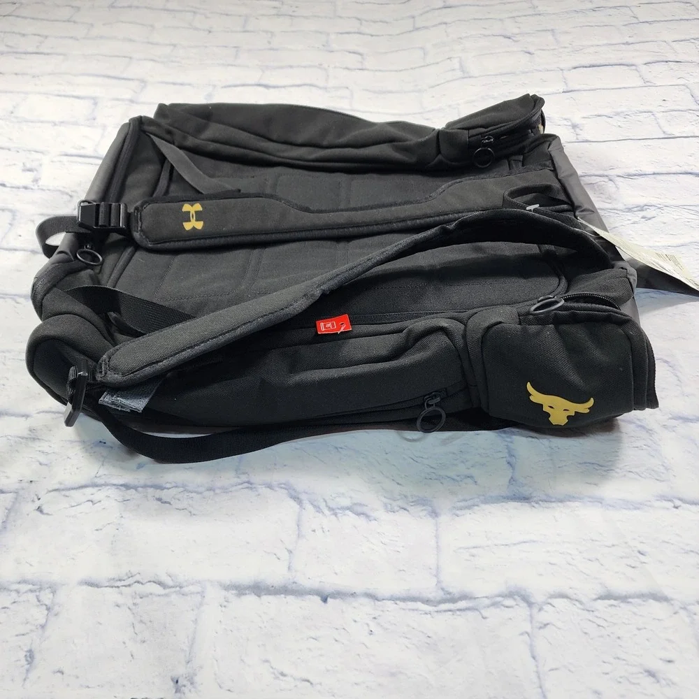 Under Armour UA Project Rock Duffle Backpack Bag Black Gold Gym 1376459-002 WWE